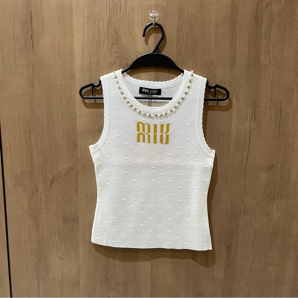 Miu Miu White Textured Tank Top with Gold Accents